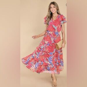 FLYING TOMATO Floral Red Pink Maxi Dress